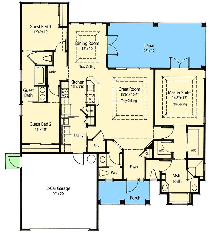 Plan 33068ZRX: 1660 Square Foot Mediterranean-Style Starter House Plan - Floor Plan - Main Level - Florida-Style, Mediterranean