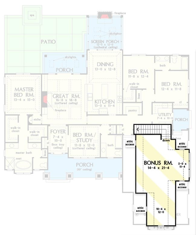 Plan 444010GDN: Traditional Craftsman Home Plan with Screened Porch and Split-bed Layout - Floor Plan - Bonus Room - Country, Craftsman, Traditional