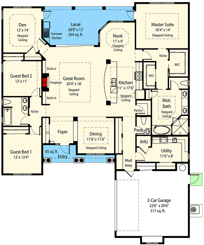 Plan 33077ZRX: Home Plan with Private Master Retreat & Options - Floor Plan - Main Level - Florida-Style, Mediterranean