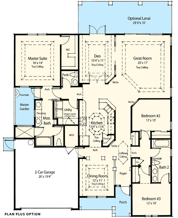 Plan 33081ZRX: Contemporary One-Story Home Plan with 3-Beds Under 2200 Square Feet - Floor Plan - Optional - Southern, Traditional