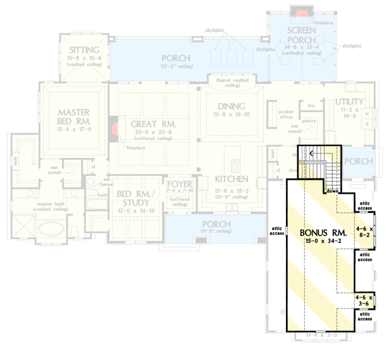 Plan 444041GDN: European Ranch for Sloped Lot - 3822 Sq Ft - Floor Plan - Bonus Room - European, Ranch, Traditional