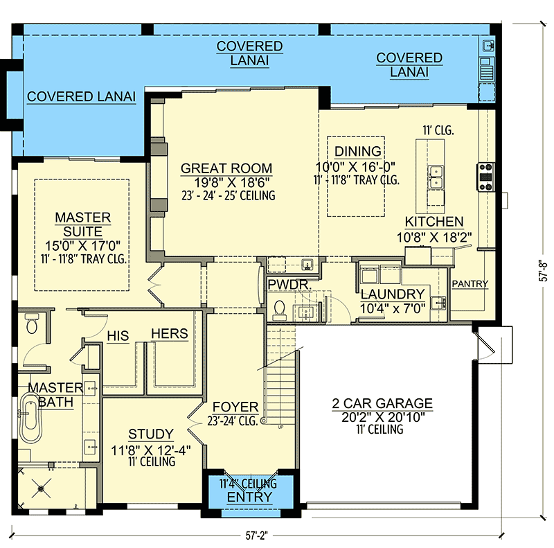 Plan 65748BS: Mediterranean Coastal Home Plan with Two-story Great Room  - Floor Plan - Main Level - Coastal, European, Florida-Style, Mediterranean