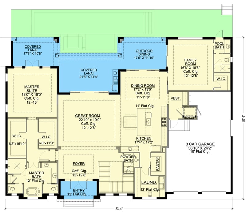 Plan 65750BS: Southern Traditional Home Plan with Elevator and Large Covered Lanai - Floor Plan - Main Level - Coastal, Florida-Style, Southern, Southern Traditional, Traditional