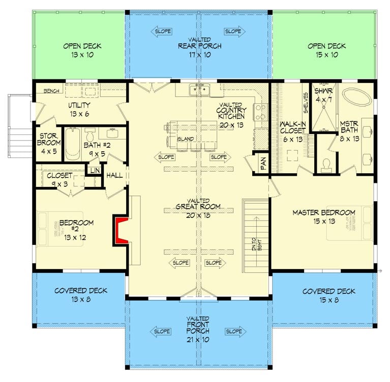 Plan 68849VR: Mountain Ranch For A Sloping Lot with Decks and Porches Front and Back - 1485 Sq Ft - Floor Plan - Main Level - Country, Craftsman, Mountain, Ranch