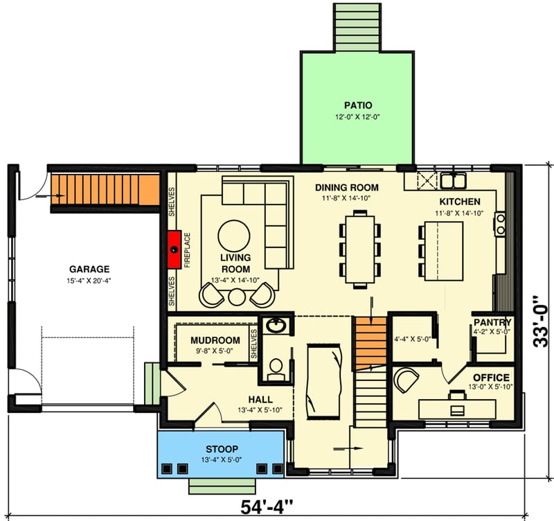 Plan 22613DR: New American Farmhouse with Home Office and a Large Upstairs Laundry Room - Floor Plan - Main Level