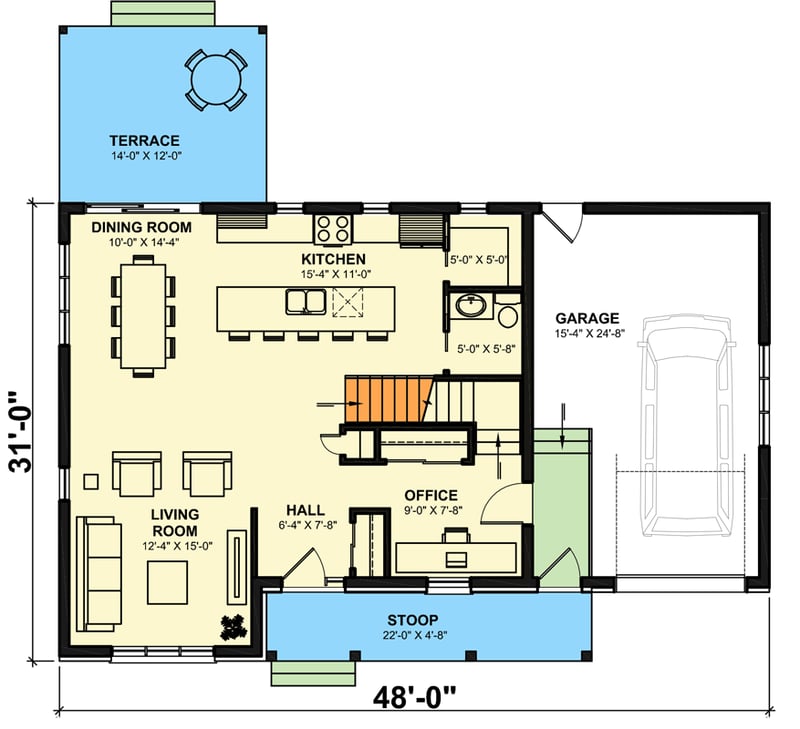 Plan 22614DR: Attractive Country Farmhouse with an Open Floor Plan and a 1-Car Garage - Floor Plan - Main Level - Country, Farmhouse, Modern Farmhouse, New American, Traditional