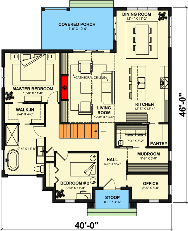 Plan 22618DR: New American Home Plan with Home Office and Covered Porch - 1487 Sq Ft - Floor Plan - Main Level - Contemporary, New American