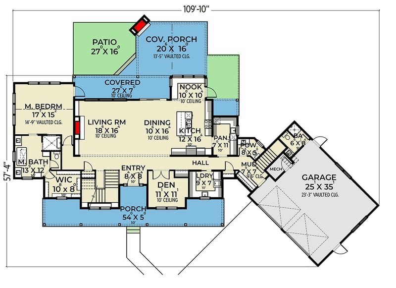 Plan 280147JWD: Modern Farmhouse with 2-Car Angled Garage and Vaulted Rear Porch - Floor Plan - Main Level - Country, Farmhouse, Modern Farmhouse, New American