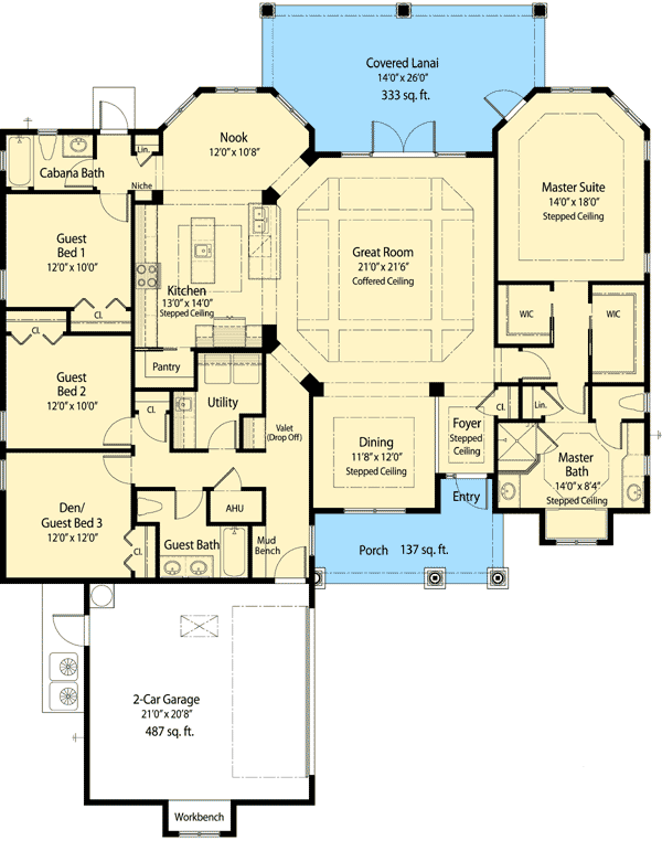 Plan 33124ZR: Split Bedroom House Plan with Flex Room and Large Rear Porch - 2529 Sq Ft - Floor Plan - Main Level - European, French Country, Ranch