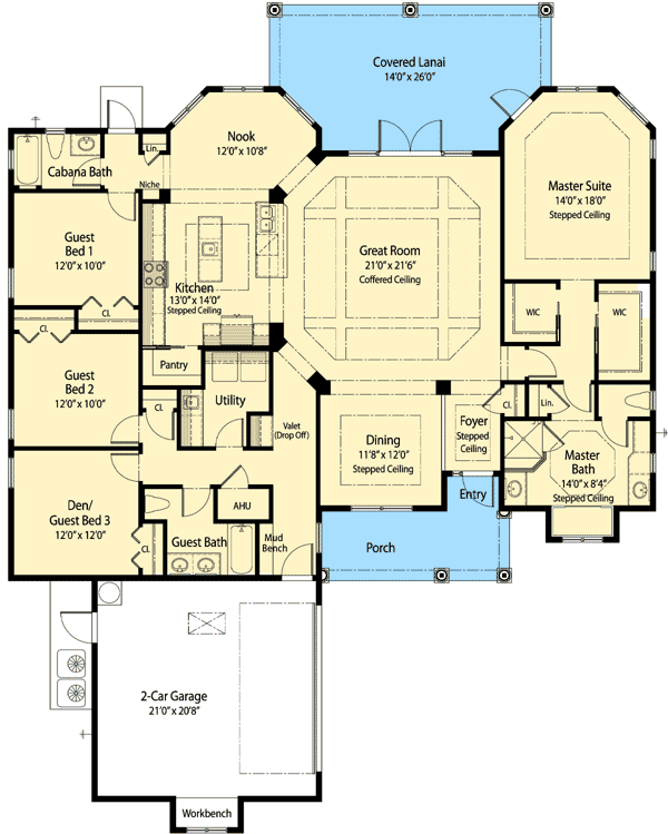 Plan 33125ZRX: One-Story House Plan with Large Rear Covered Porch and a Flex Room - 2529 Sq Ft - Floor Plan - Main Level - European, Florida-Style, Mediterranean