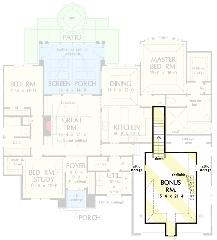 Plan 444053GDN: European Cottage with Vaulted Rear Screen Porch with 17' Ceiling - Floor Plan - Bonus Room - Cottage, European, French Country
