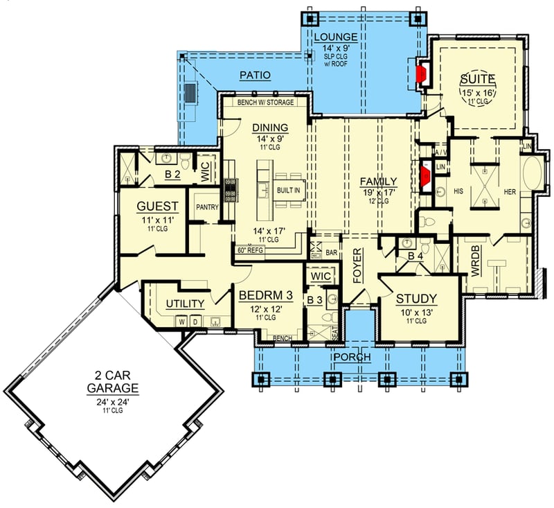 Plan 36668TX: Downsized Rugged Hill Country House Plan with Outdoor Lounge - Floor Plan - Main Level - Craftsman, Hill Country, Mountain, Rustic