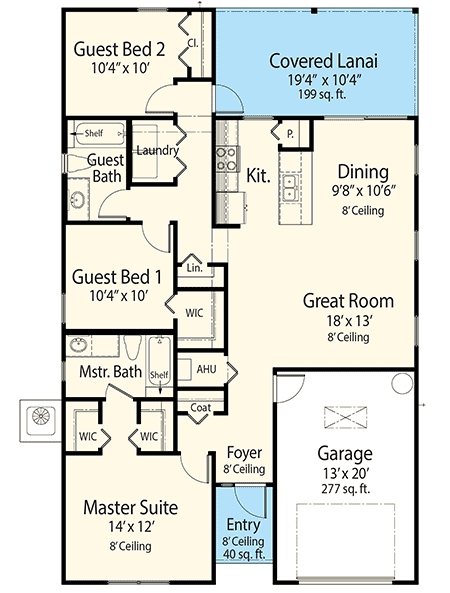 Plan 33164ZRX: One-Story Mediterranean House Plan with 3 Bedrooms for a Narrow Lot - 1341 Sq Ft - Floor Plan - Main Level - Florida-Style, Mediterranean