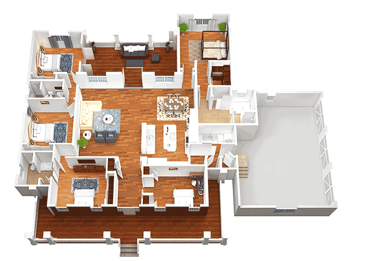 Plan 33168ZRX: 4 Bed House Plan Under 2900 Square Feet with 3-Car Garage - Floor Plan - Main Level - 3D View - Country, Craftsman, Traditional