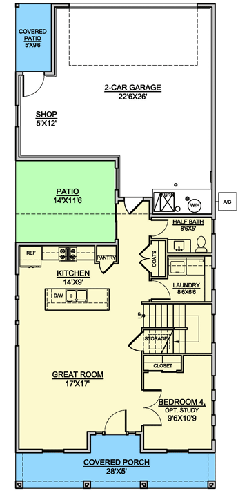 Plan 370033SEN: Narrow Colonial Home Plan with Stacked Front Porches - Floor Plan - Main Level - Colonial, Southern, Southern Traditional