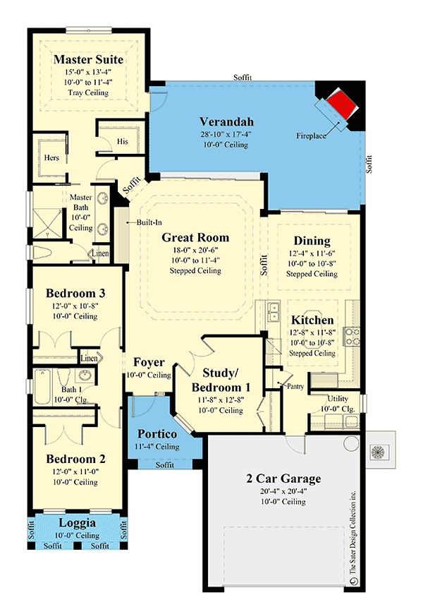 Plan 340011STR: Mediterranean Home Plan with Home Office Potential - Floor Plan - Main Level - Coastal, European, Florida-Style, Mediterranean