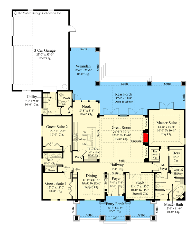 Plan 340024STR: One-story Craftsman Home Plan with Large Front and Back Porches - Floor Plan - Main Level - Country, Craftsman, Northwest