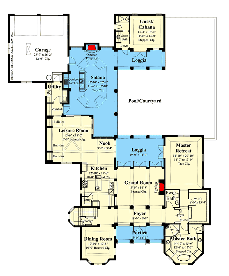 Plan 340056STR: Narrow European Courtyard Plan with Courtyard and 2-Story Grand Room - Floor Plan - Main Level - European, Florida-Style, Mediterranean