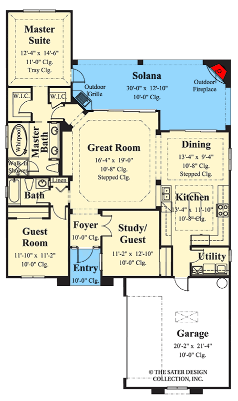 Plan 340062STR: 3-Bedroom Mediterranean House Plan with Outdoor Kitchen and Courtyard Garage - Floor Plan - Main Level - Florida-Style, Mediterranean, Spanish