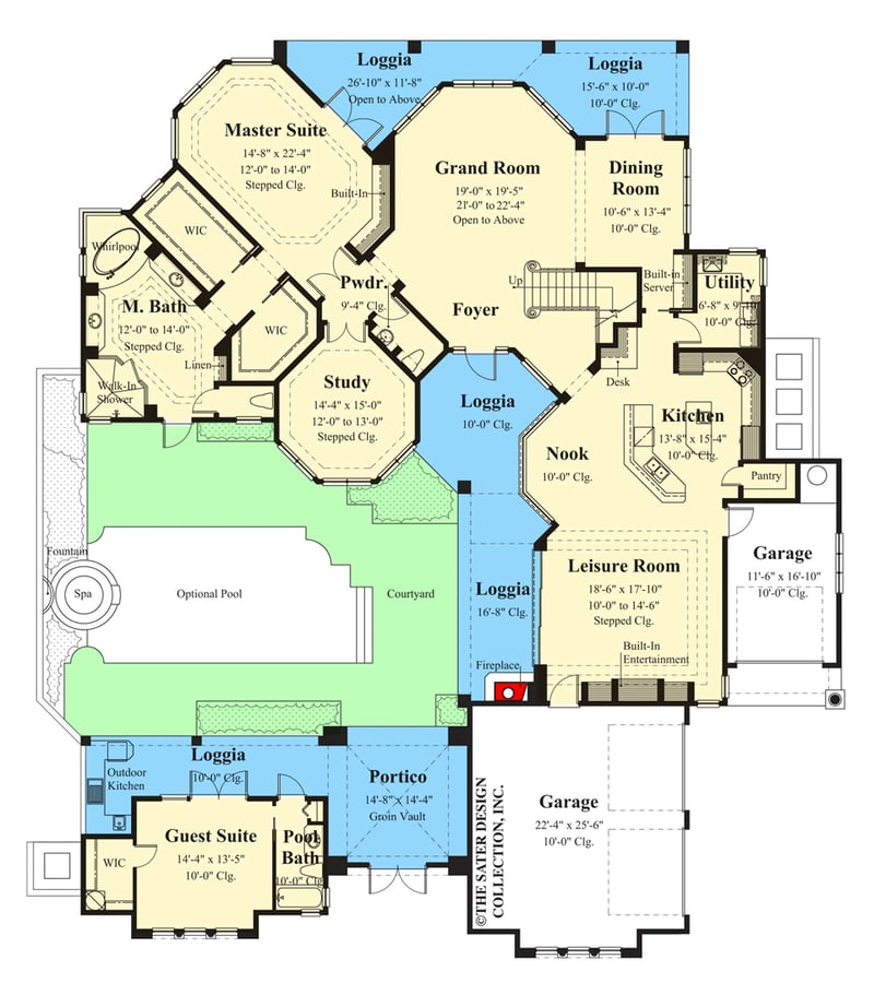 Plan 340073STR: Mediterranean Home Plan with Courtyard and Private Guest Suite - Floor Plan - Main Level - Coastal, European, Florida-Style, Mediterranean