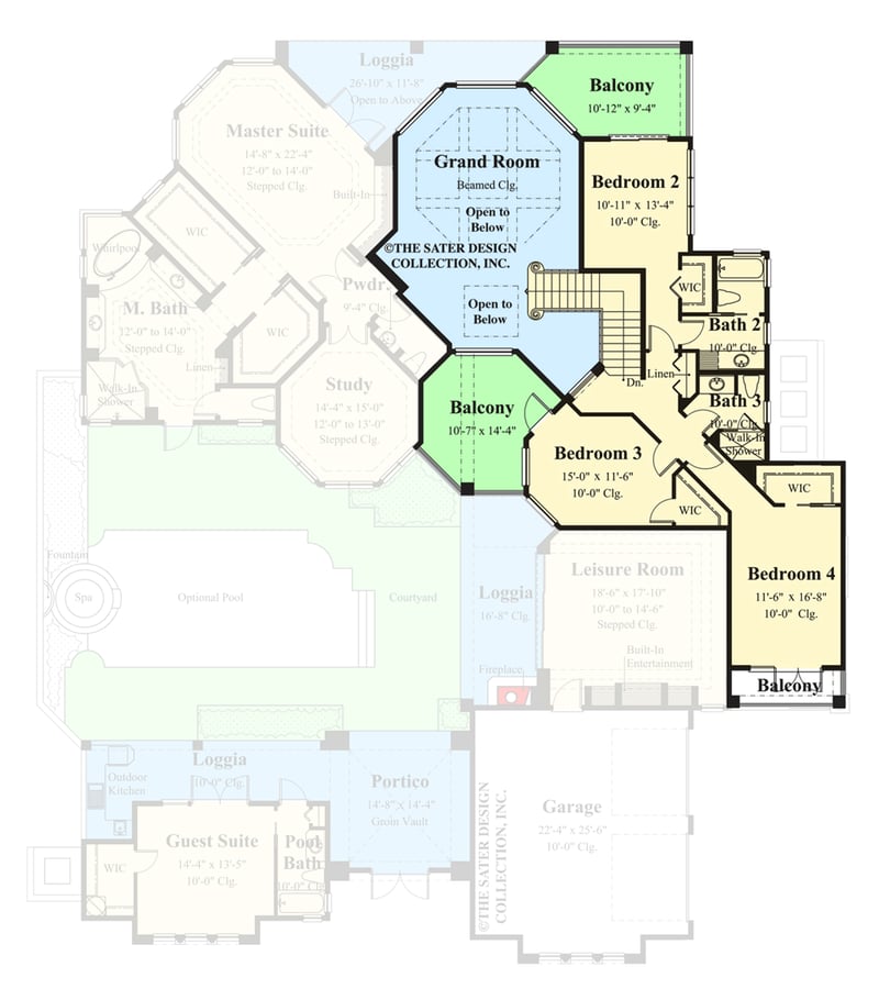 Plan 340073STR: Mediterranean Home Plan with Courtyard and Private Guest Suite - Floor Plan - 2nd Floor - Coastal, European, Florida-Style, Mediterranean