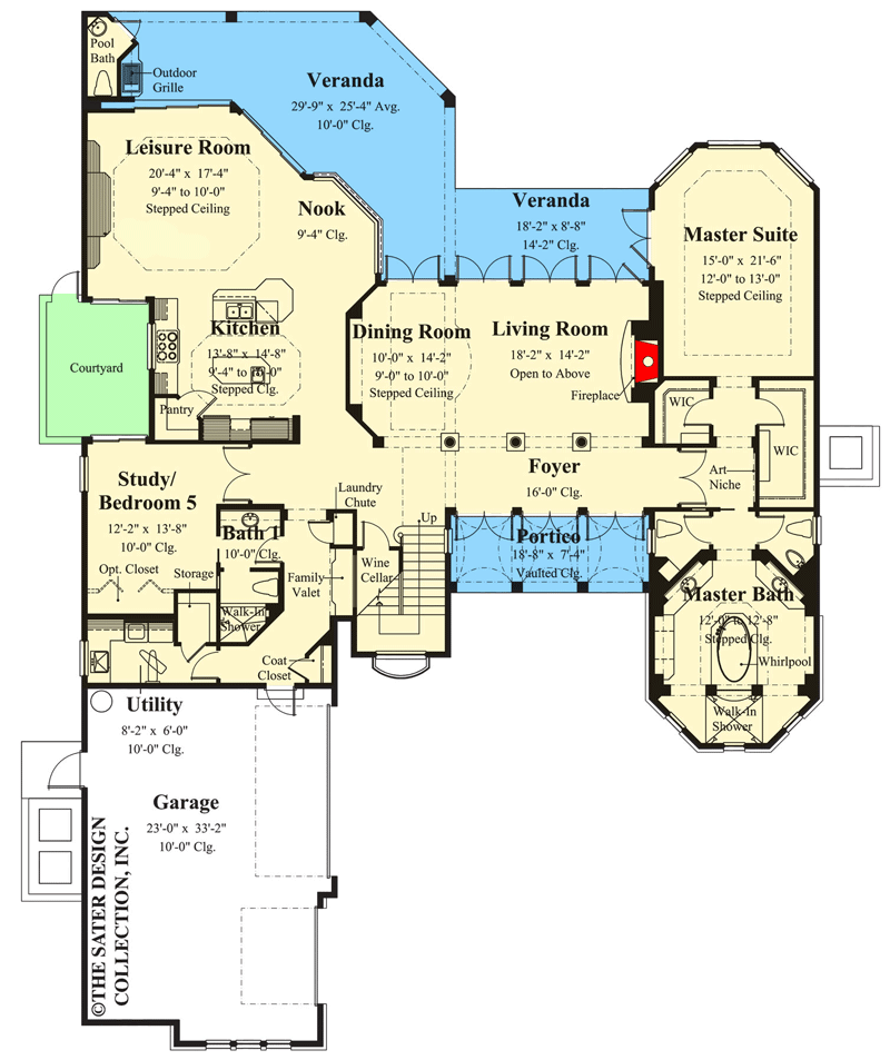 Plan 340076STR: Tuscan-inspired Luxury Home with 2-Story Living Room and Large Rear Veranda - Floor Plan - Main Level - Coastal, European, Mediterranean, Southern, Tuscan