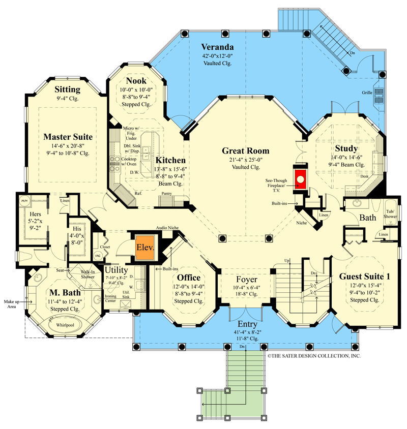 Plan 340080STR: Southern Beach Home with Elevated Foundation and Large Great Room - Floor Plan - Main Level - Beach, Coastal, Florida-Style, Low Country, Southern, Southern Traditional