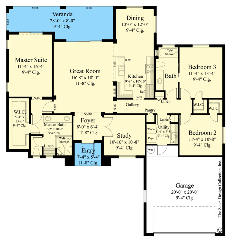 Plan 340090STR: Three Bedroom Transitional Mediterranean House Plan with Elegant Entry - Floor Plan - Main Level - Contemporary, European, Florida-Style, Ranch, Transitional