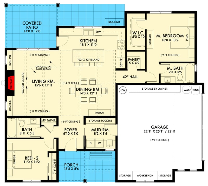 Plan 677017NWL: One Story Modern Farmhouse with Split Bedroom Layout and a Vaulted Living Room - 1500 Sq Ft - Floor Plan - Main Level - Slab/Crawlspace - Country, Craftsman, Farmhouse, Modern Farmhouse, New American, Ranch, Traditional