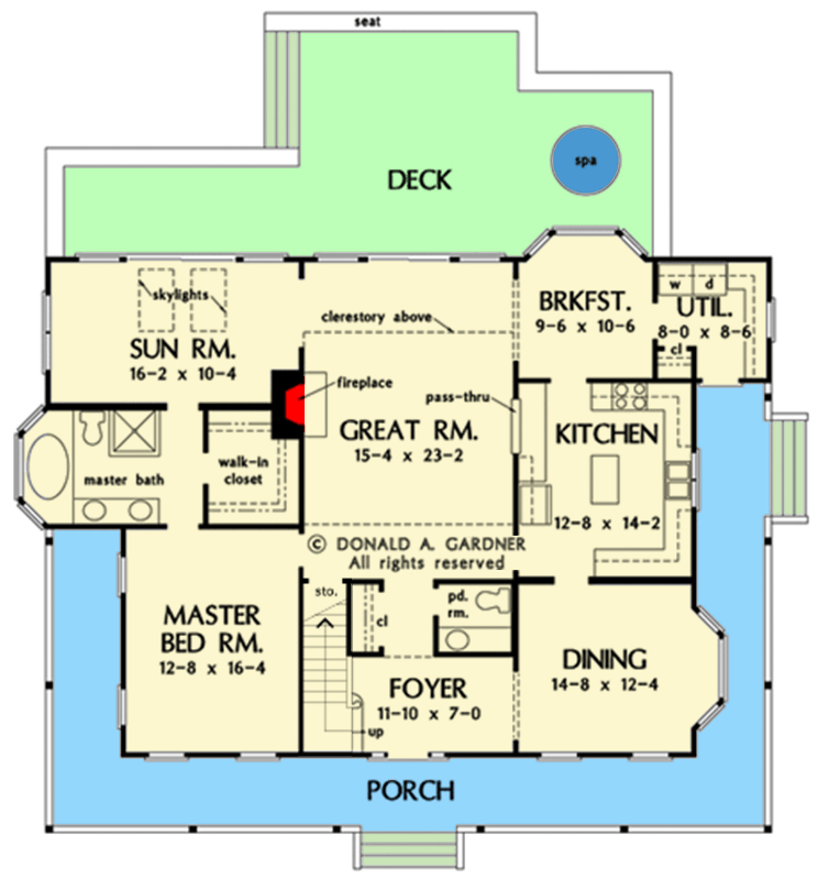 Plan 444079GDN: Two Story Farmhouse with 53'-Wide Front Porch and Two Story Great Room - 2677 Sq Ft - Floor Plan - Main Level - Country, Farmhouse, Traditional