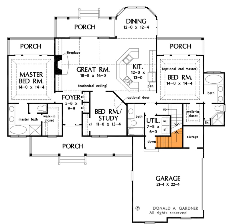 Plan 444091GDN: One-story Country Ranch-style House Plan with 16'3" Cathedral Ceiling - Floor Plan - Basement Option - Country, Ranch, Southern, Traditional
