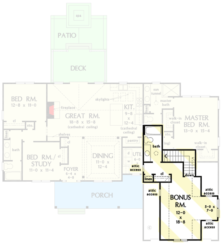 Plan 444110GDN: Modest One-story Home Design with Study and Bonus Options - Floor Plan - Bonus Room - Craftsman, Ranch, Traditional