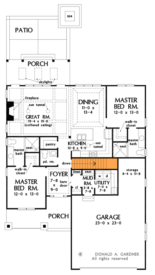 Plan 444112GDN: Craftsman Cottage with Two Master Suites - Floor Plan - Main Level - Basement Stairs Option  - Cottage, Country, Craftsman