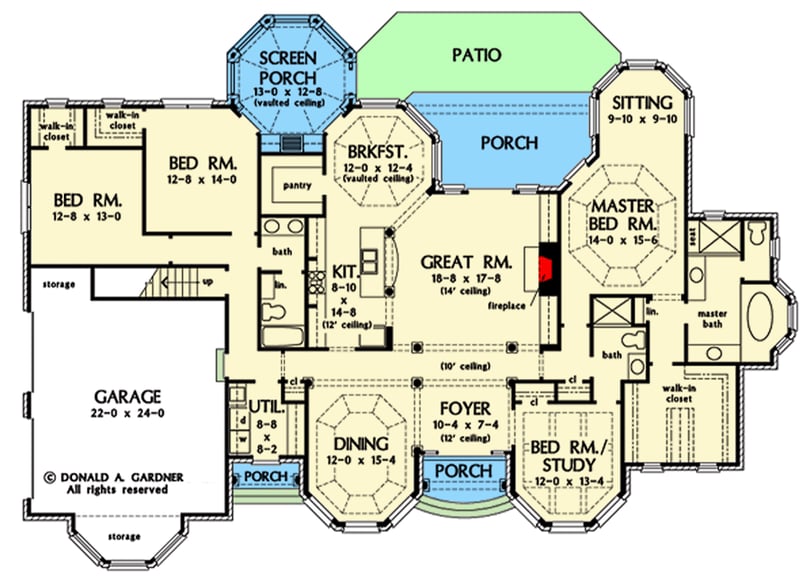Plan 444162GDN: European Ranch Plan with Split-bed Layout and Bonus Room - Floor Plan - Main Level - European, Ranch, Southern