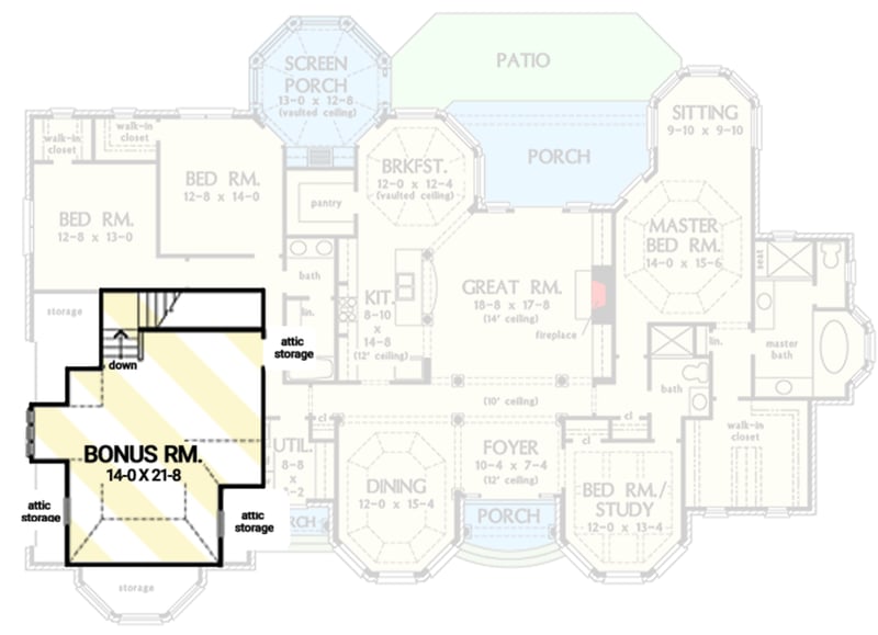 Plan 444162GDN: European Ranch Plan with Split-bed Layout and Bonus Room - Floor Plan - 2nd Floor - European, Ranch, Southern