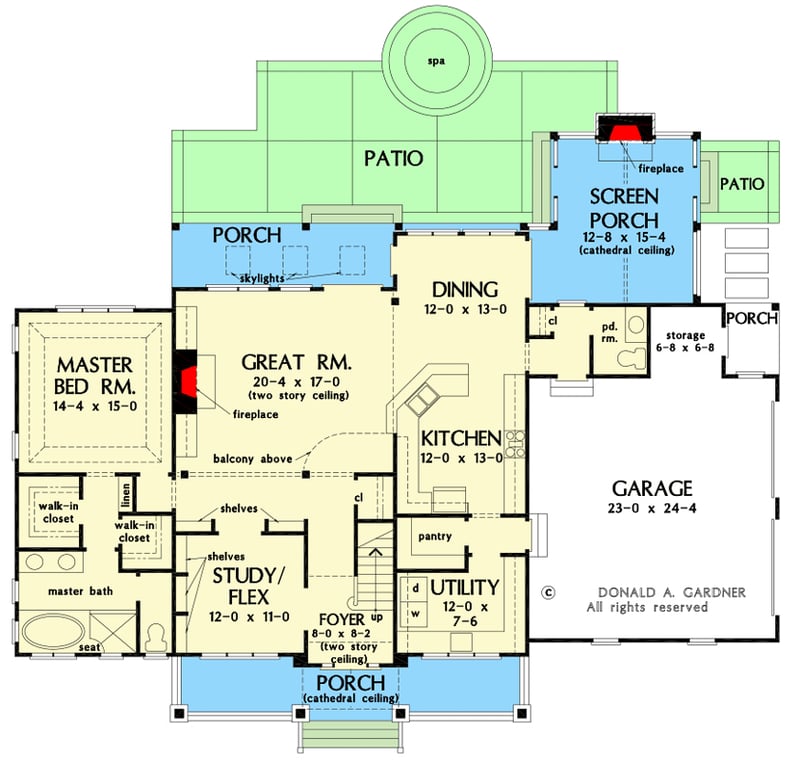 Plan 444169GDN: Striking Two-Story Farmhouse Plan with Study / Flex Room and Screened Porch - Floor Plan - Main Level - Country, Farmhouse, Traditional