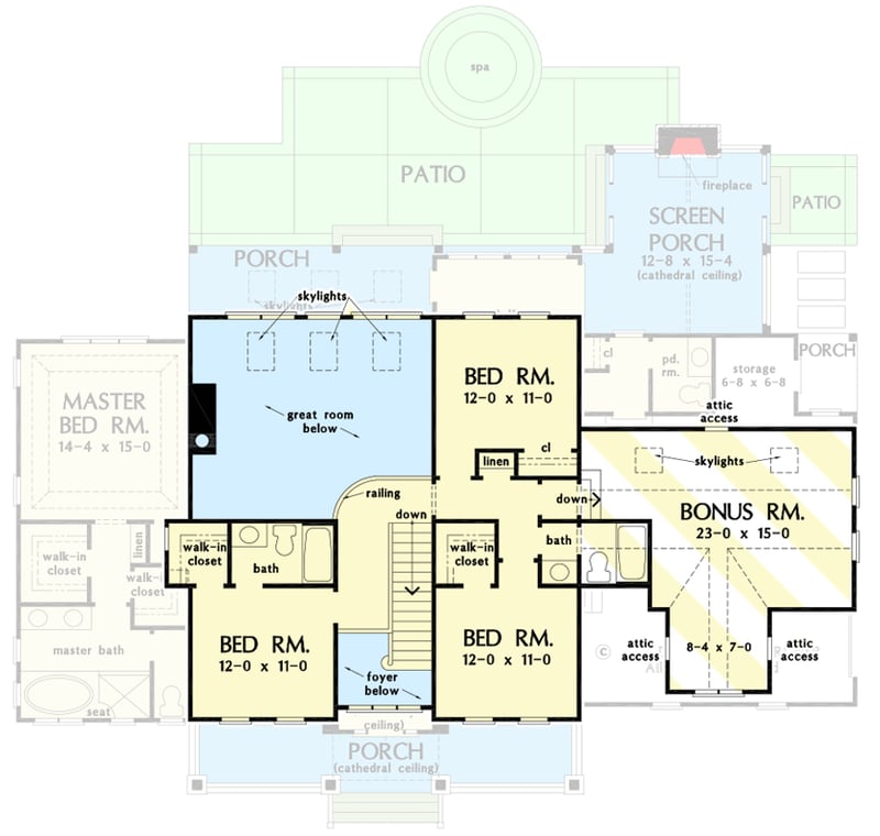 Plan 444169GDN: Striking Two-Story Farmhouse Plan with Study / Flex Room and Screened Porch - Floor Plan - Second Level with Bonus Room - Country, Farmhouse, Traditional