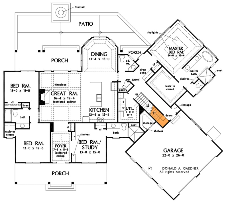 Plan 444170GDN: Modern Farmhouse with Angled Garage and an 8' Deep Front Porch - Floor Plan - Basement Stair Location - Country, Farmhouse, Modern Farmhouse, New American
