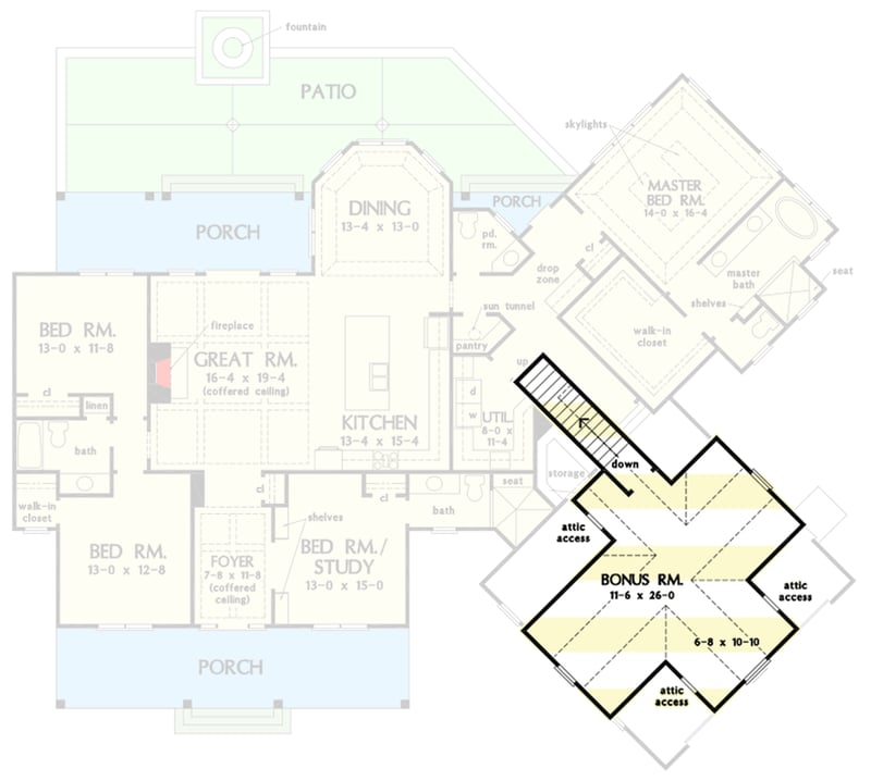 Plan 444170GDN: Modern Farmhouse with Angled Garage and an 8' Deep Front Porch - Floor Plan - Bonus Room - Country, Farmhouse, Modern Farmhouse, New American