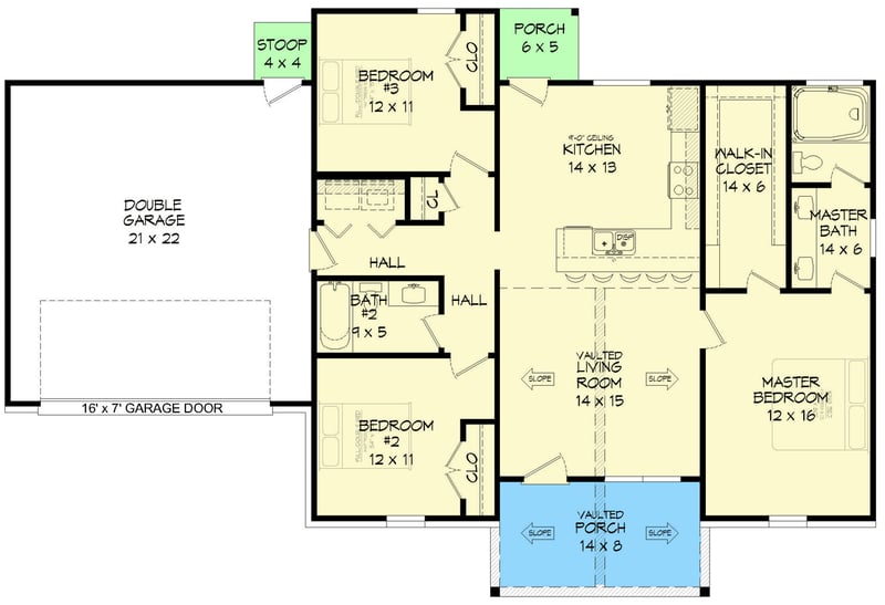 Plan 68897VR: 3-Bed Ranch Plan with Vaulted Living Room - Floor Plan - Main Level - Ranch, Southern, Traditional