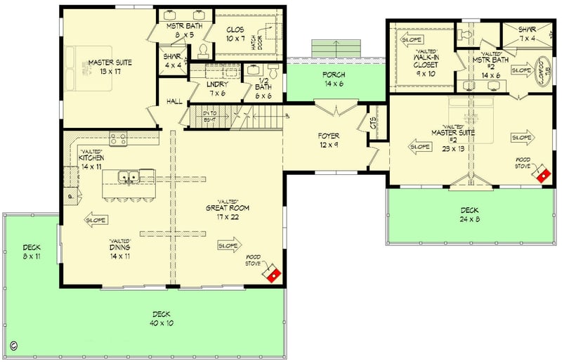 Plan 68898VR: 2-Story Mountain House Plan with Two Master Suites - Floor Plan - Main Level - Country, Craftsman, Mountain, Vacation