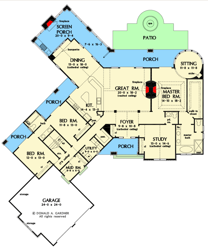 Plan 444182GDN: Angled Ranch House Plan with Stone and Siding Exterior - Floor Plan - Main Level - Country, Ranch, Southern