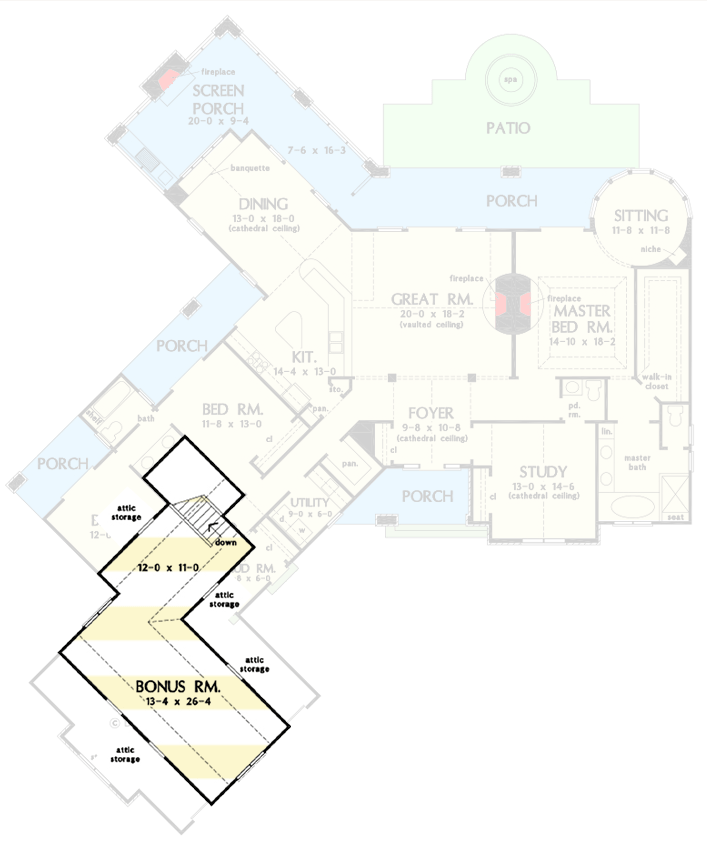 Plan 444182GDN: Angled Ranch House Plan with Stone and Siding Exterior - Floor Plan - Optionally Finished Bonus Room - Country, Ranch, Southern