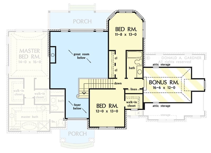 Plan 444201GDN: Brick-clad Traditional Southern Home with Bonus Room - Floor Plan - Second Level with Bonus Room - Southern, Traditional