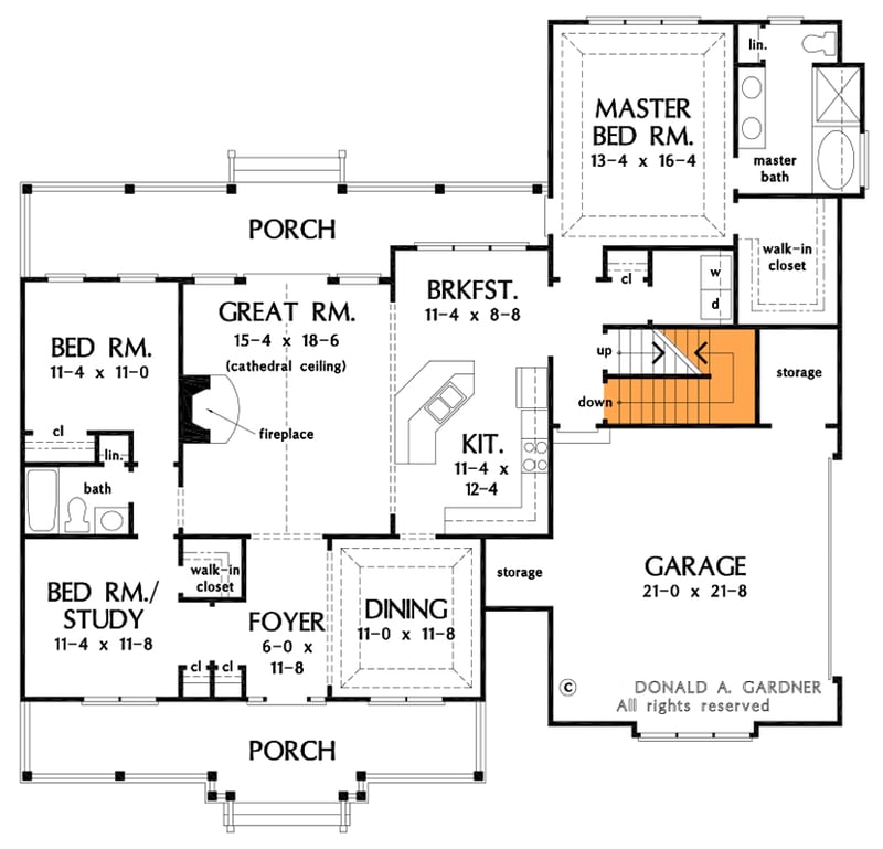 Plan 444204GDN: Traditional 3-Bed Ranch with Bonus Room - 1724 Sq Ft - Floor Plan - Basement Stair Location - Ranch, Traditional