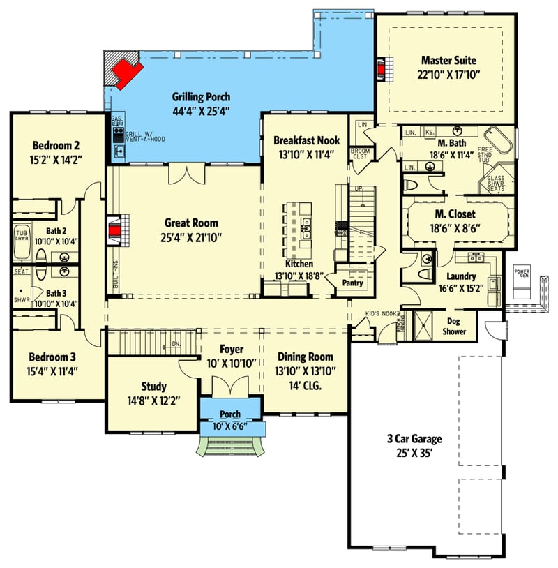Plan 70723MK: European-style House Plan with Lower Level Home Theater, Game Room and Second Kitchen - Floor Plan - Main Level - Country, Craftsman, European, Southern, Traditional