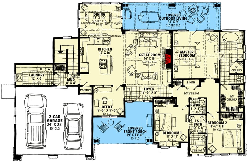 Plan 12967KN: 3-Bed Mountain Craftsman Home Plan with Flex Room above Garage - Floor Plan - Main Level - Country, Craftsman, Mountain, New American, Ranch, Rustic