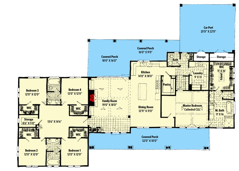 Plan 12968KN: Sprawling 5-Bedroom Country Farmhouse Plan with Split-bedroom Layout - Floor Plan - Main Level - Country, Farmhouse, Rustic