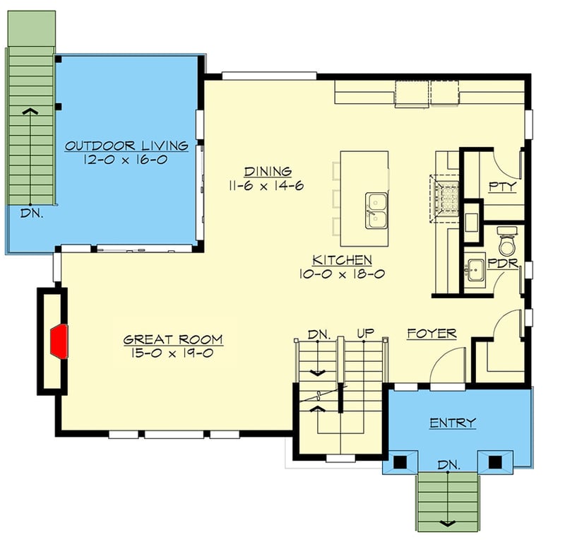 Plan 23920JD: Modern 3-Bed House Plan with Drive-under Garage and Upstairs Laundry Room - Floor Plan - Main Level - Contemporary, Modern, Northwest, Prairie