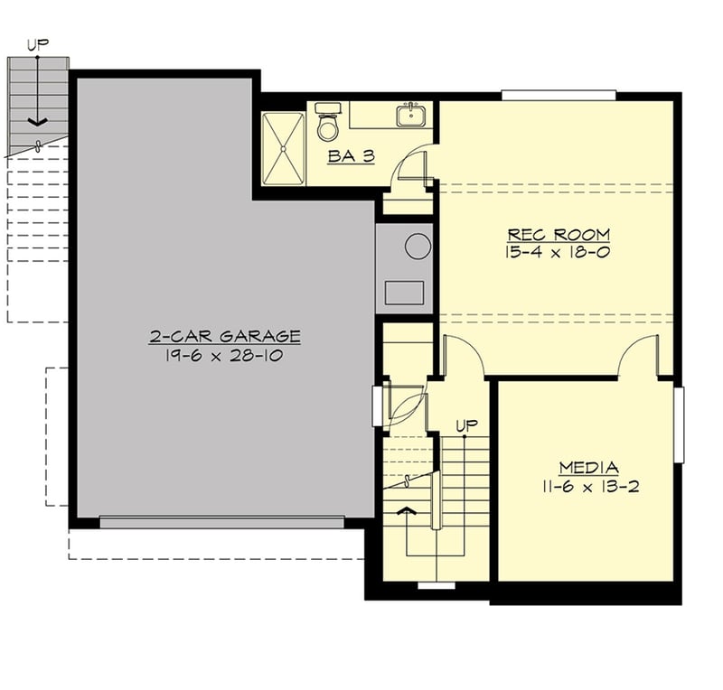 Plan 23920JD: Modern 3-Bed House Plan with Drive-under Garage and Upstairs Laundry Room - Floor Plan - Basement - Contemporary, Modern, Northwest, Prairie